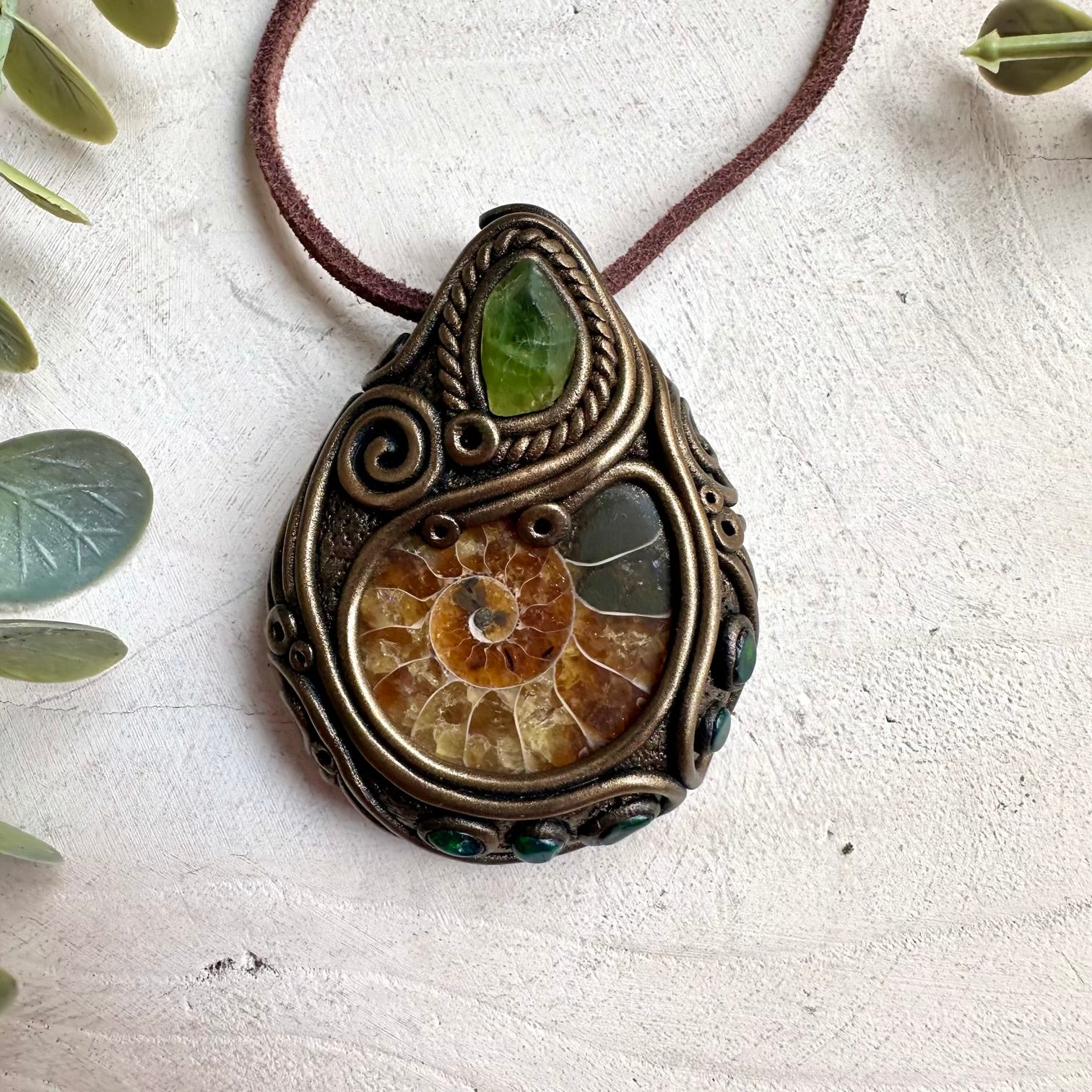 Black Ethiopian opal crystal pendant necklace with ammonite fossil and peridot healing stones