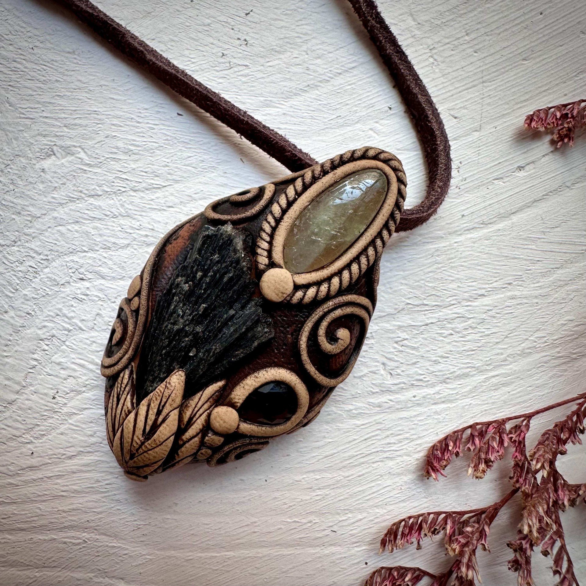 Black Kyanite Green Kunzite and Smoky Quartz Pendant - FairyGardenGlow