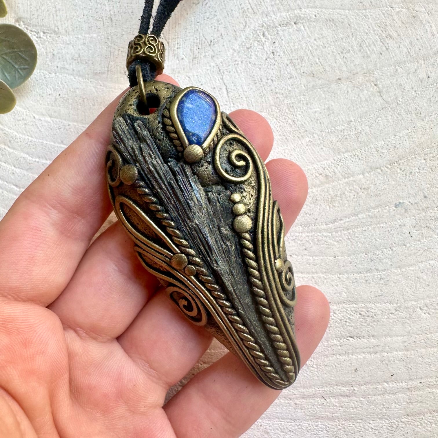 Handmade unisex pendant necklace featuring Black Kyanite and Lapis Lazuli natural gemstones.