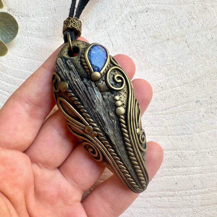 Handmade unisex pendant necklace featuring Black Kyanite and Lapis Lazuli natural gemstones.