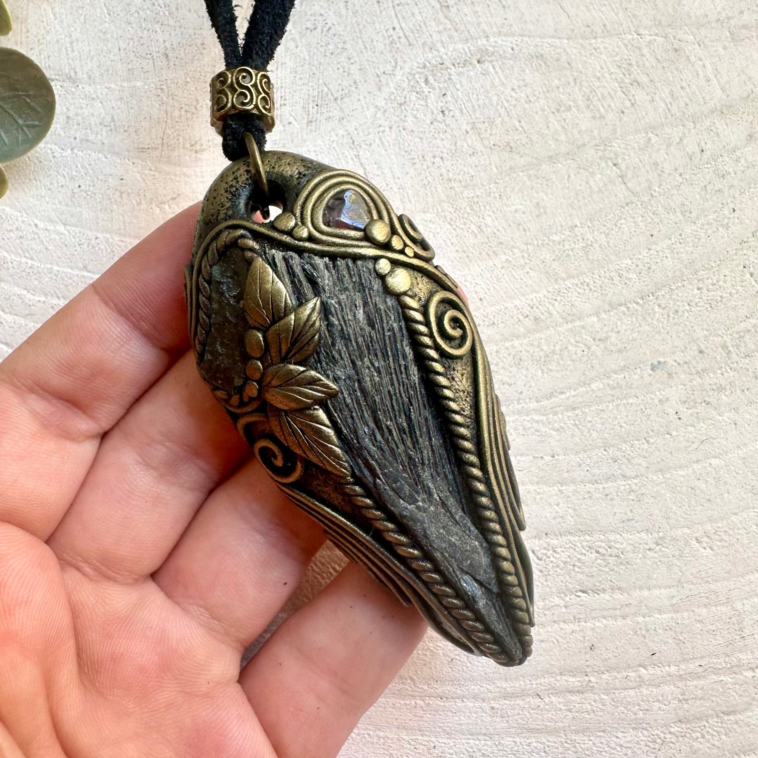 Handmade Black Kyanite pendant necklace with Moldavite and Red Garnet natural gemstones.