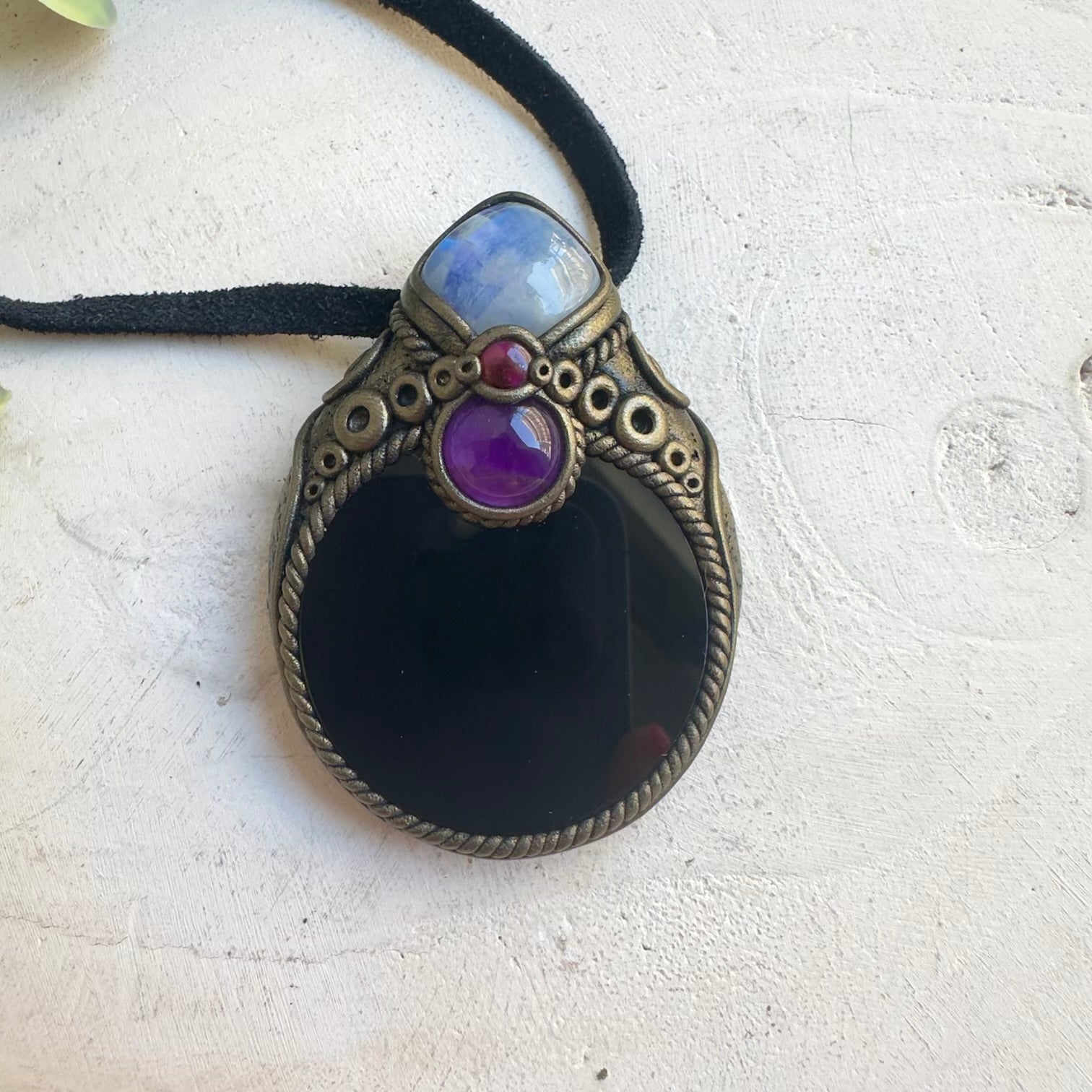 Spiritual necklace with Black Obsidian mirror pendant and natural gemstones