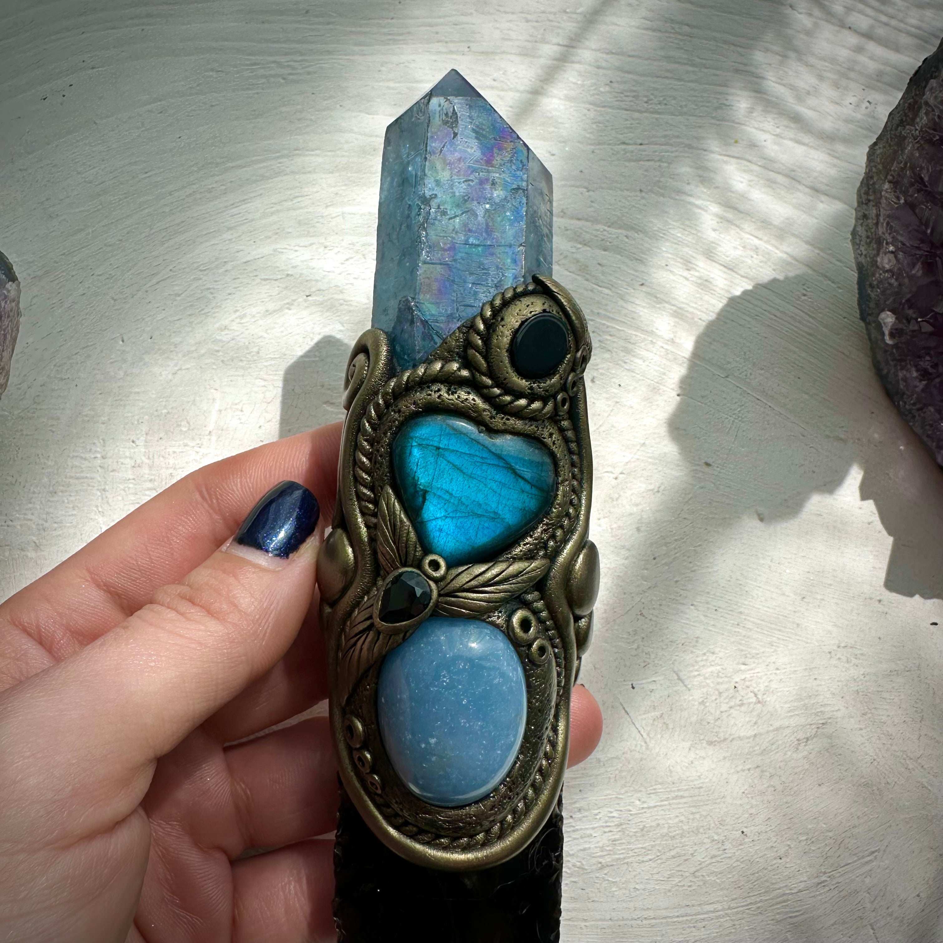 Black Obsidian Arrowhead with Aqua Aura Quartz Labradorite Heart Angelite and Smoky Quartz and Black Onyx Wand - FairyGardenGlow
