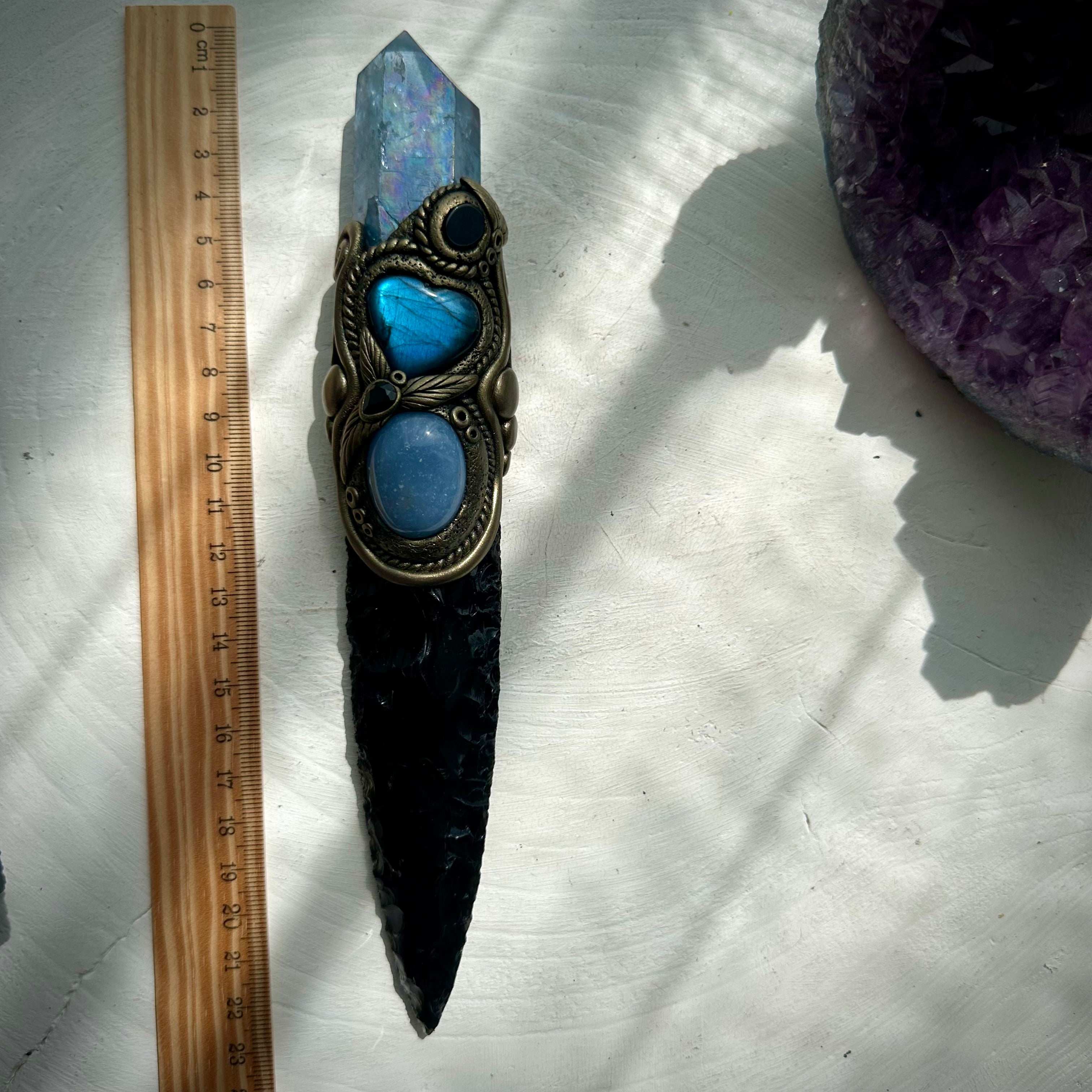 Black Obsidian Arrowhead with Aqua Aura Quartz Labradorite Heart Angelite and Smoky Quartz and Black Onyx Wand - FairyGardenGlow