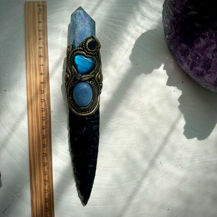 Black Obsidian Arrowhead with Aqua Aura Quartz Labradorite Heart Angelite and Smoky Quartz and Black Onyx Wand - FairyGardenGlow