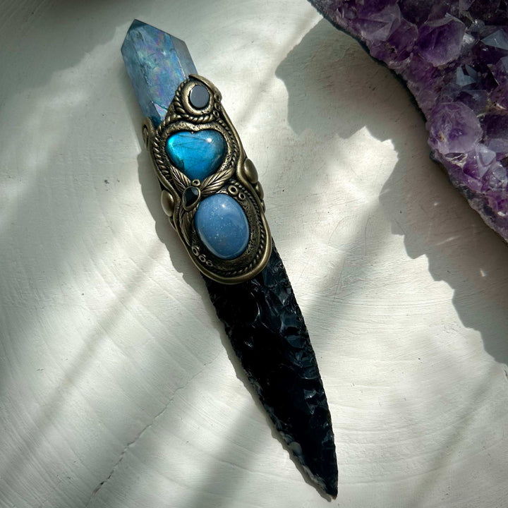 Black Obsidian Arrowhead with Aqua Aura Quartz Labradorite Heart Angelite and Smoky Quartz and Black Onyx Wand - FairyGardenGlow