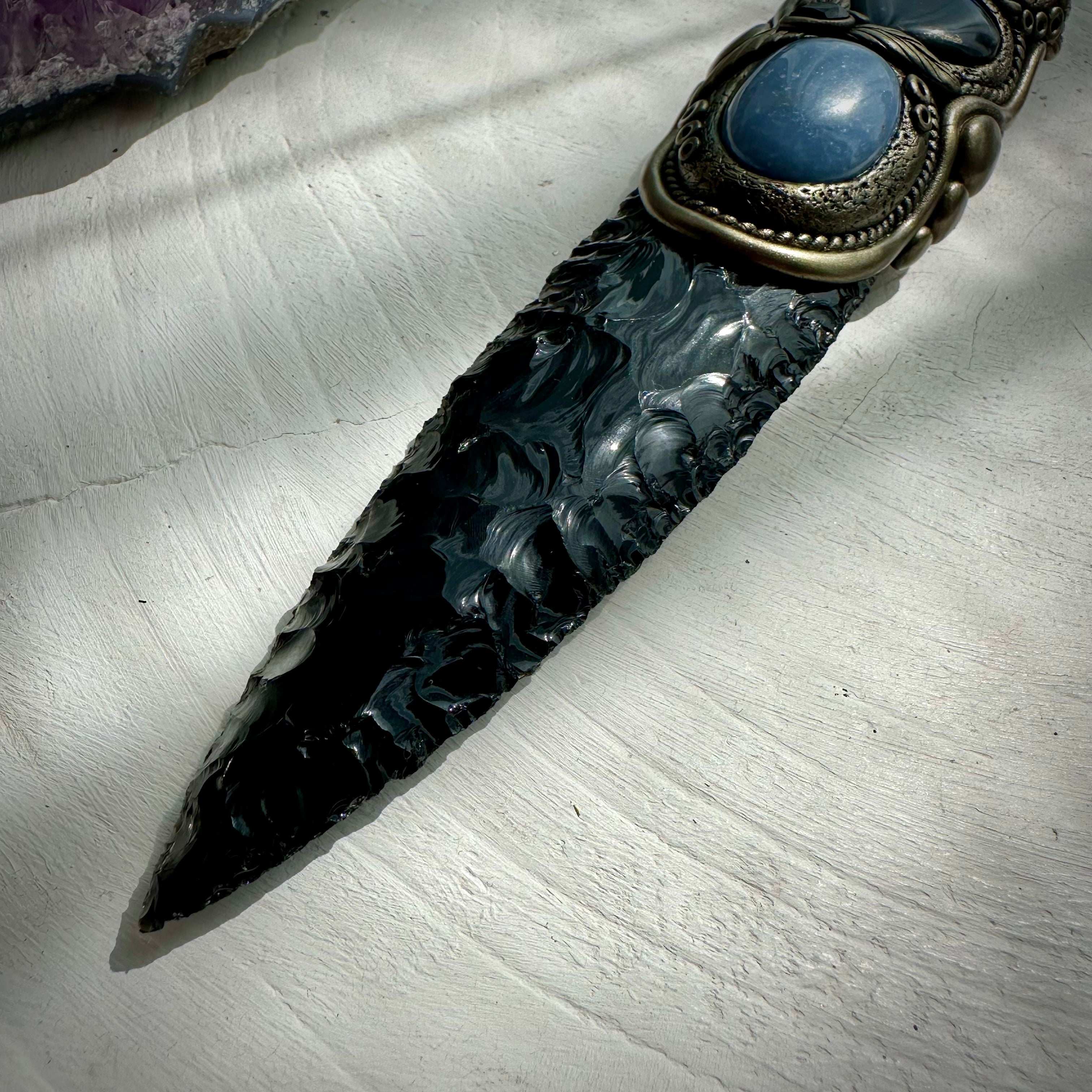 Black Obsidian Arrowhead with Aqua Aura Quartz Labradorite Heart Angelite and Smoky Quartz and Black Onyx Wand - FairyGardenGlow