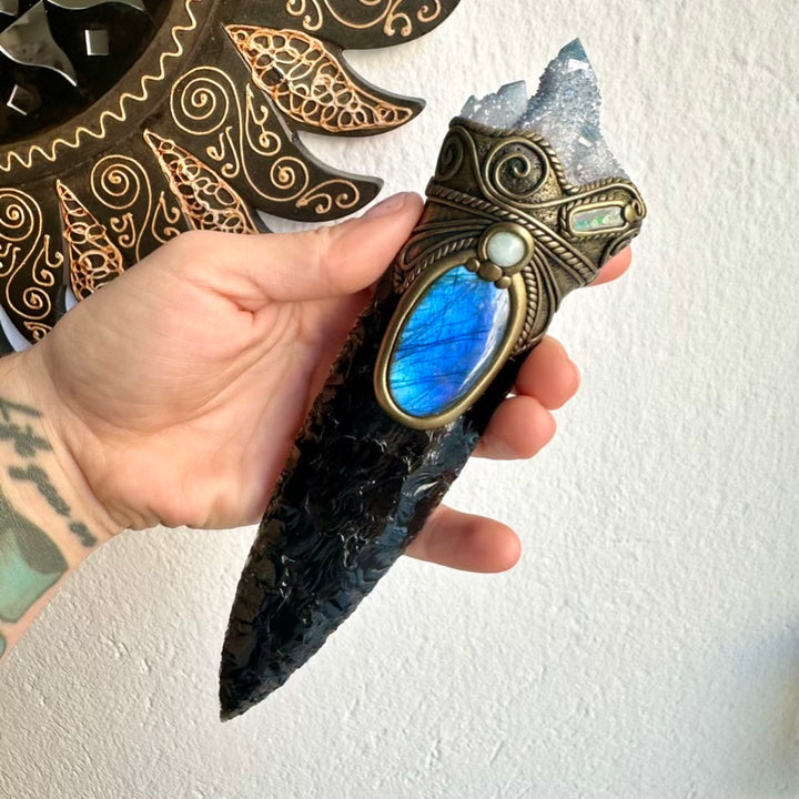 Ritual tool wand featuring Obsidian arrowhead, Aqua Aura Quartz and Aquamarine
