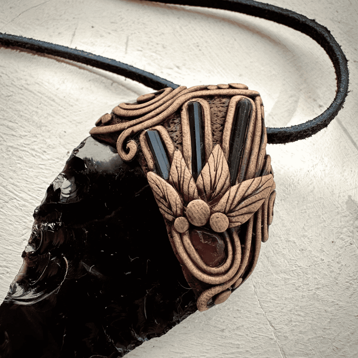 Black Obsidian Arrowhead Blue Tourmaline and Rhodolite Garnet Pendant Necklace - FairyGardenGlow