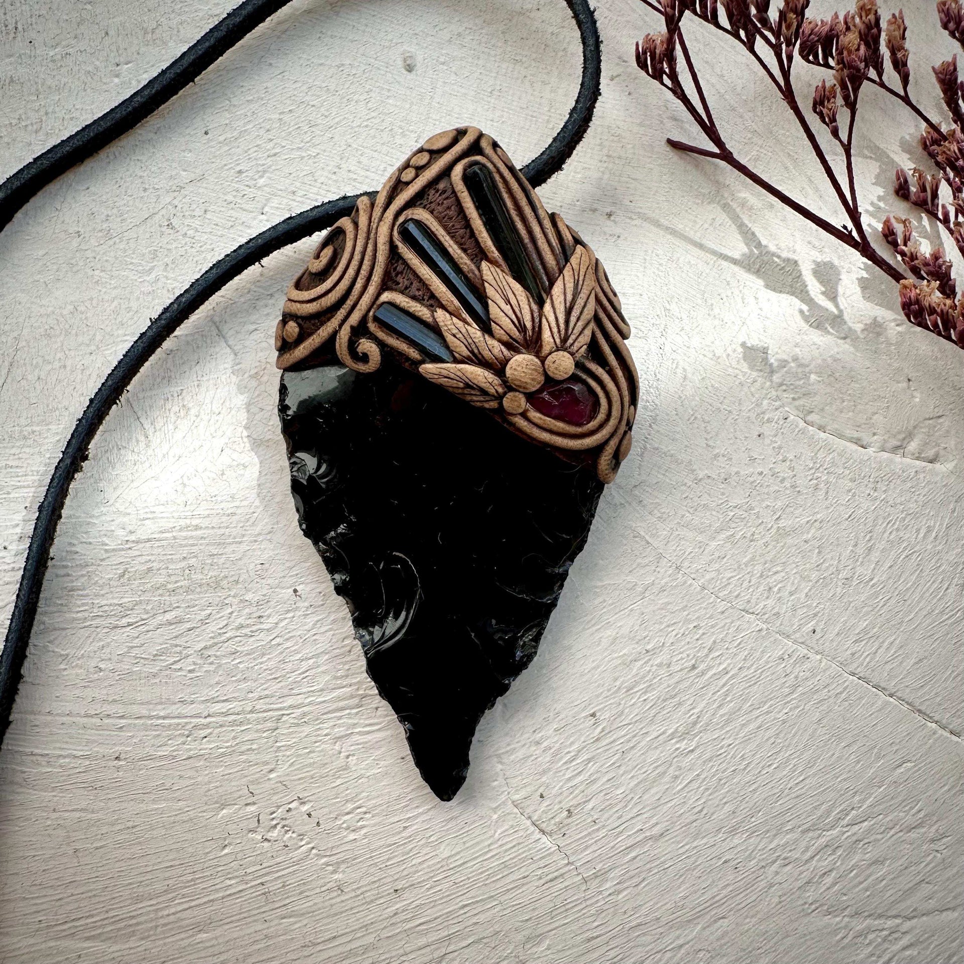 Black Obsidian Arrowhead Blue Tourmaline and Rhodolite Garnet Pendant Necklace - FairyGardenGlow