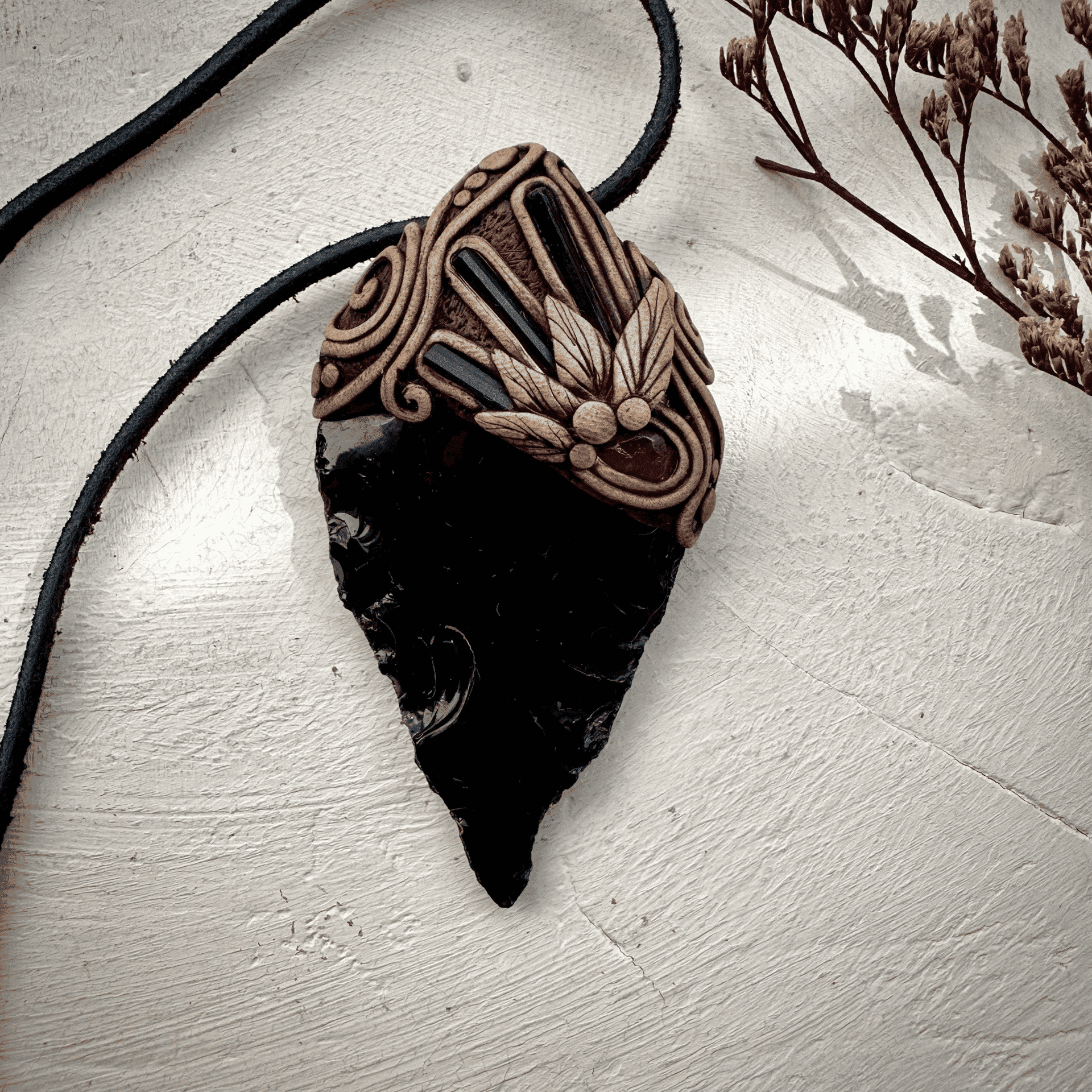 Black Obsidian Arrowhead Blue Tourmaline and Rhodolite Garnet Pendant Necklace - FairyGardenGlow