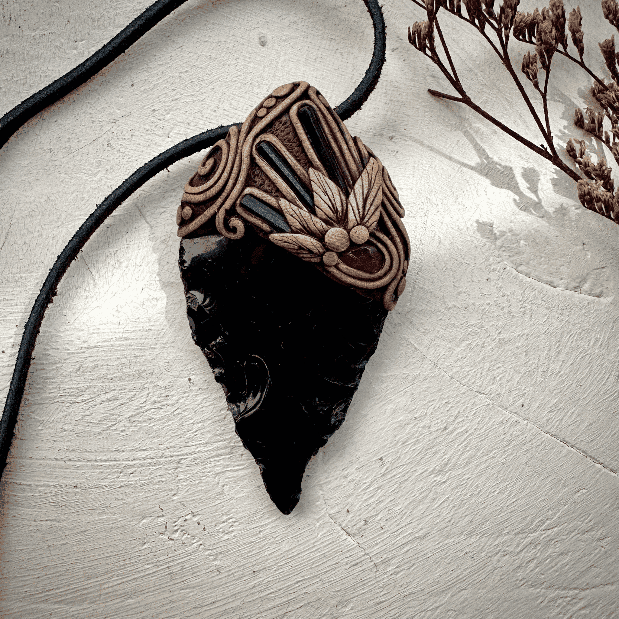 Black Obsidian Arrowhead Blue Tourmaline and Rhodolite Garnet Pendant Necklace - FairyGardenGlow