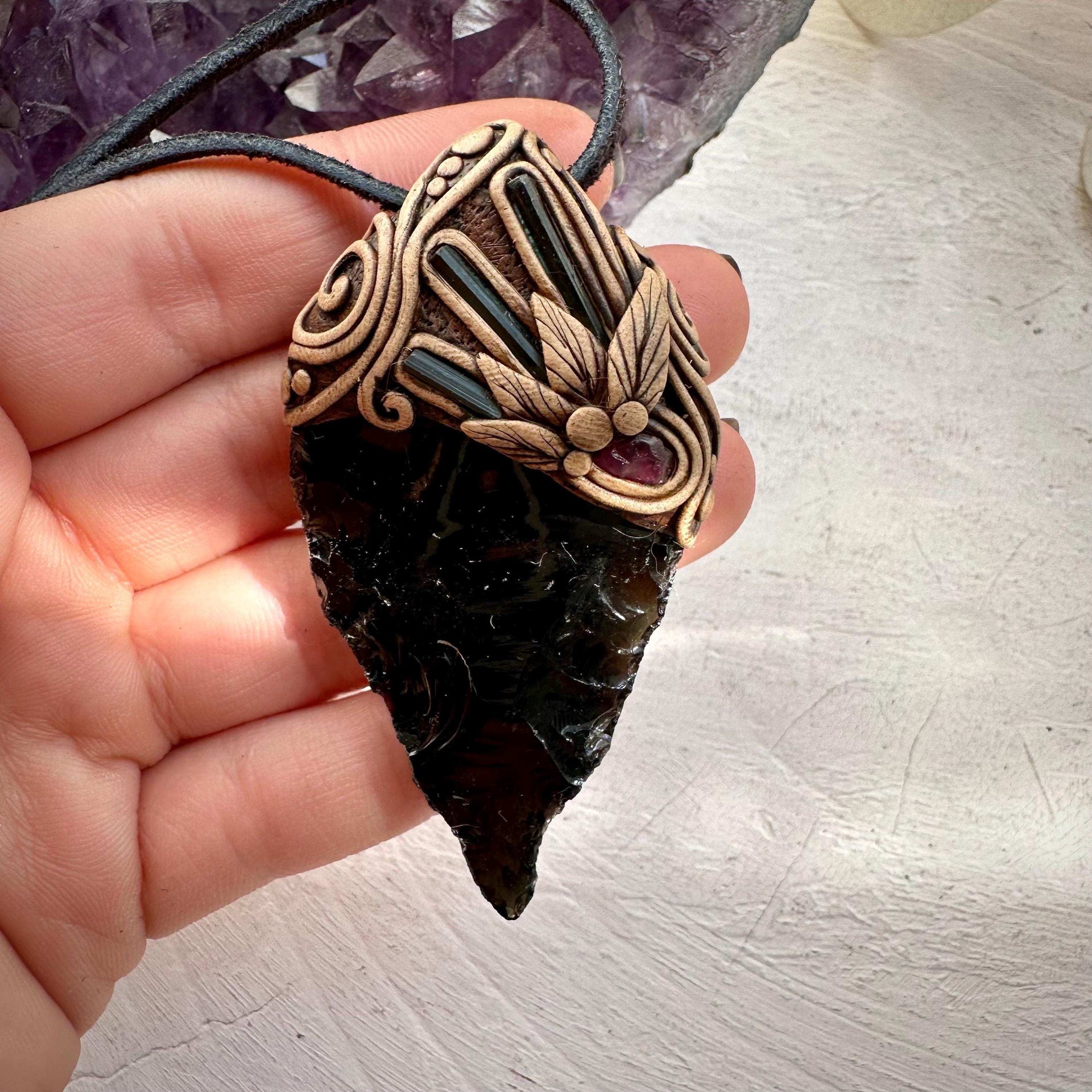 Black Obsidian Arrowhead Blue Tourmaline and Rhodolite Garnet Pendant Necklace - FairyGardenGlow