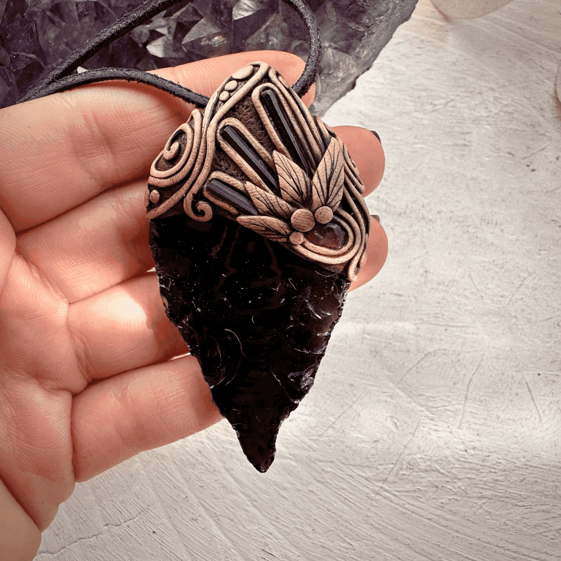 Black Obsidian Arrowhead Blue Tourmaline and Rhodolite Garnet Pendant Necklace - FairyGardenGlow