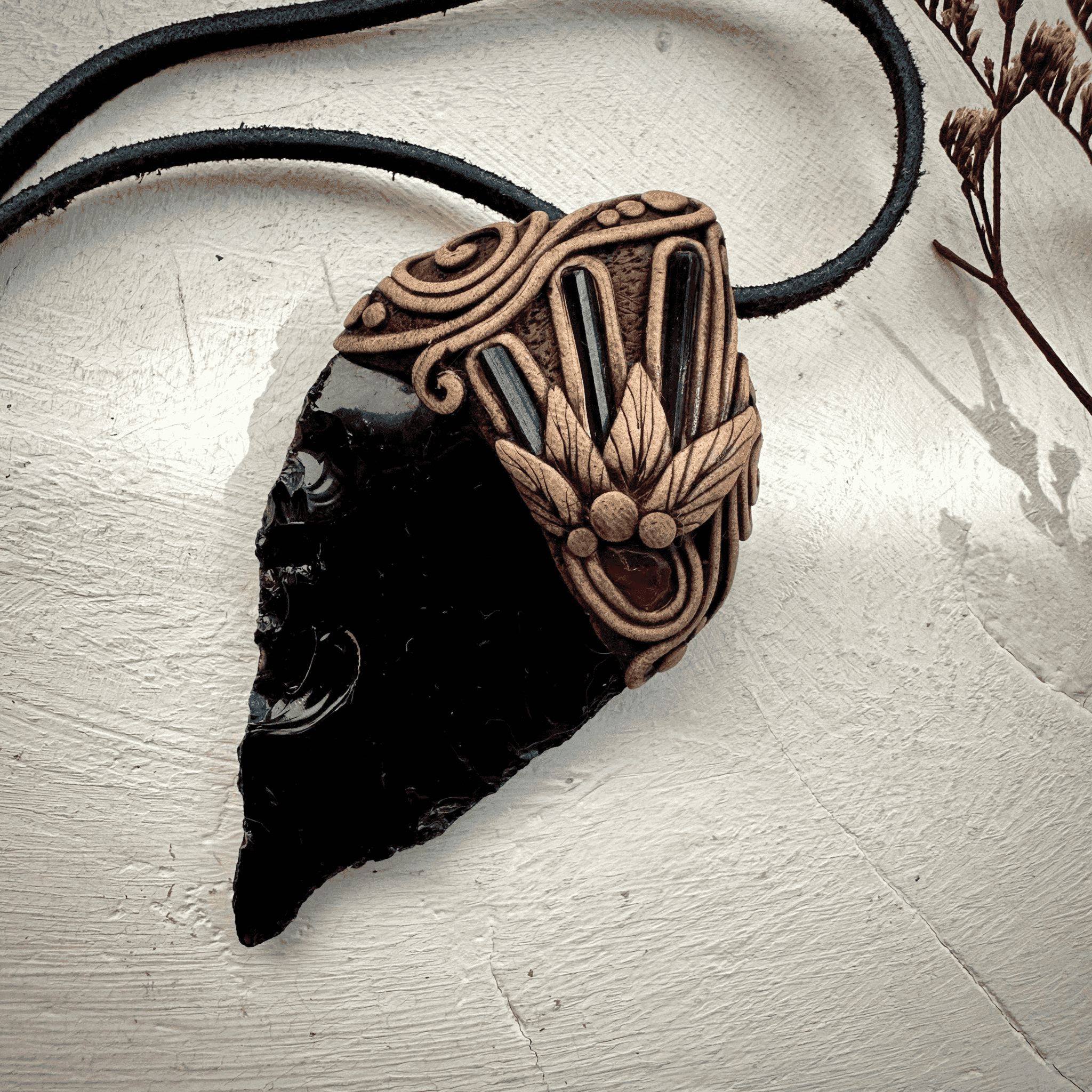 Black Obsidian Arrowhead Blue Tourmaline and Rhodolite Garnet Pendant Necklace - FairyGardenGlow