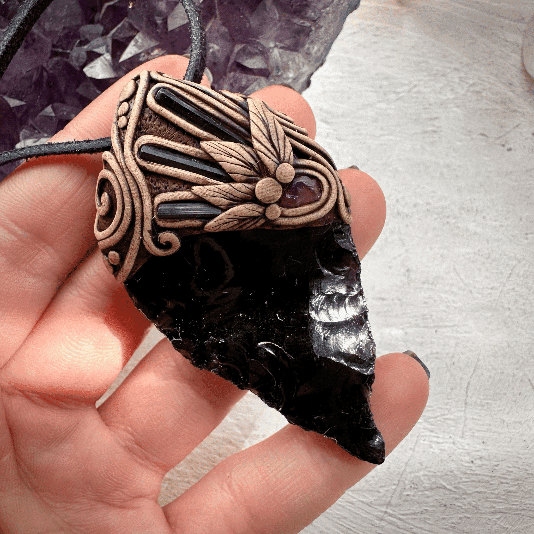 Black Obsidian Arrowhead Blue Tourmaline and Rhodolite Garnet Pendant Necklace - FairyGardenGlow