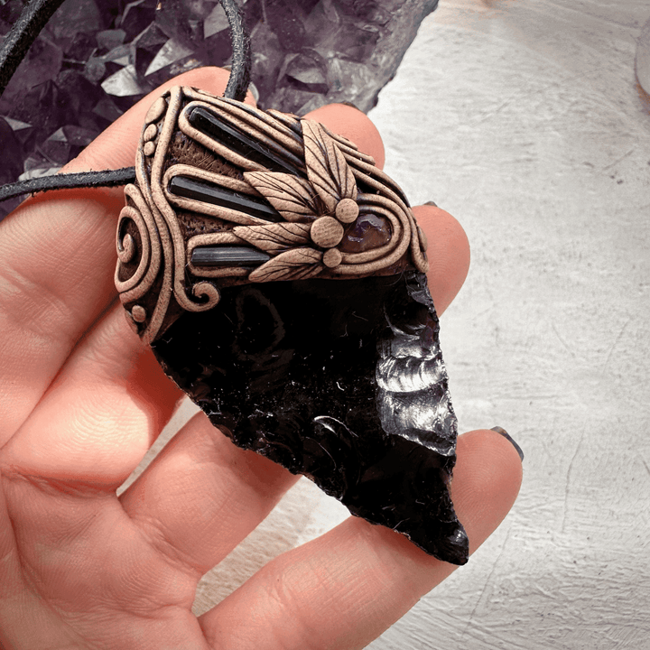 Black Obsidian Arrowhead Blue Tourmaline and Rhodolite Garnet Pendant Necklace - FairyGardenGlow