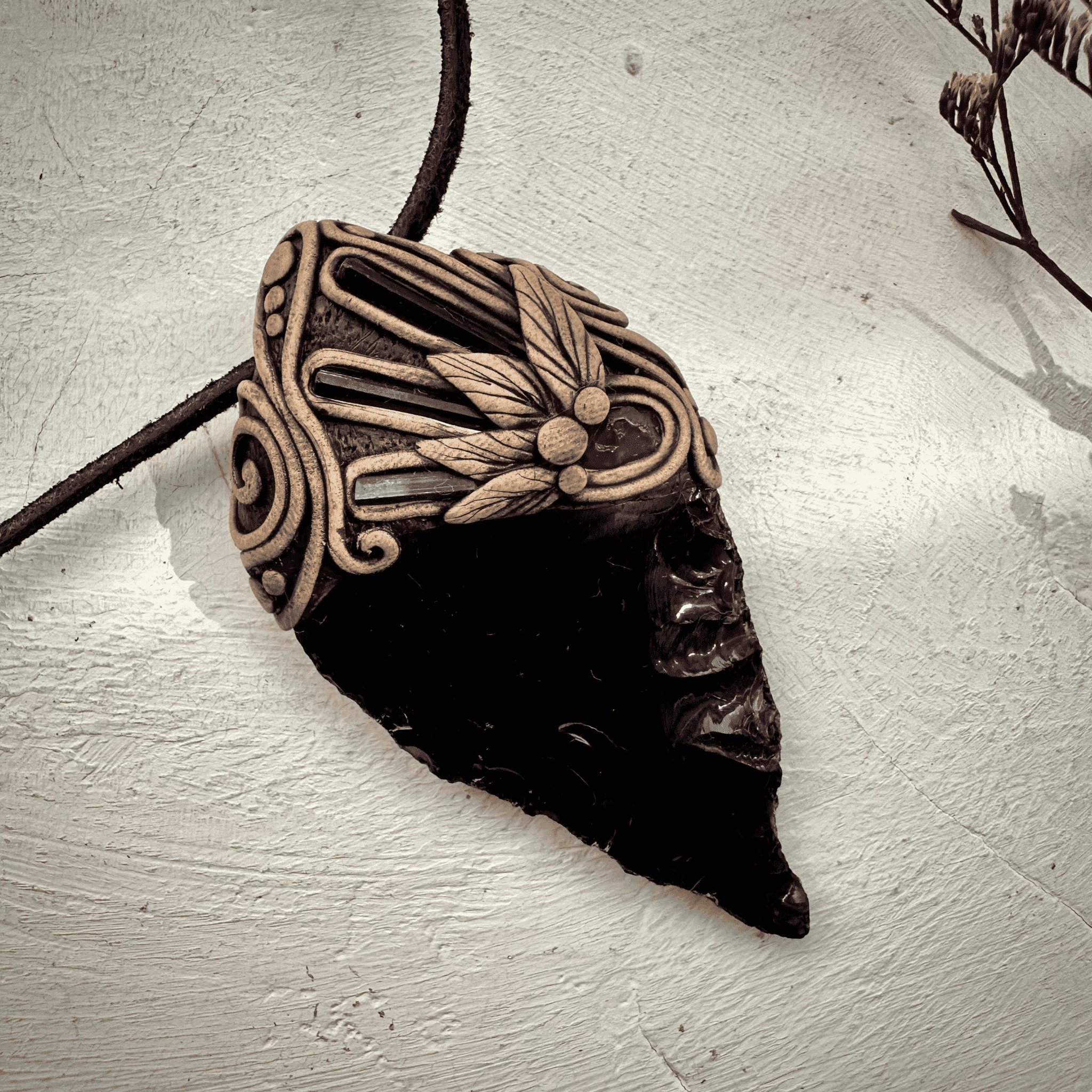 Black Obsidian Arrowhead Blue Tourmaline and Rhodolite Garnet Pendant Necklace - FairyGardenGlow