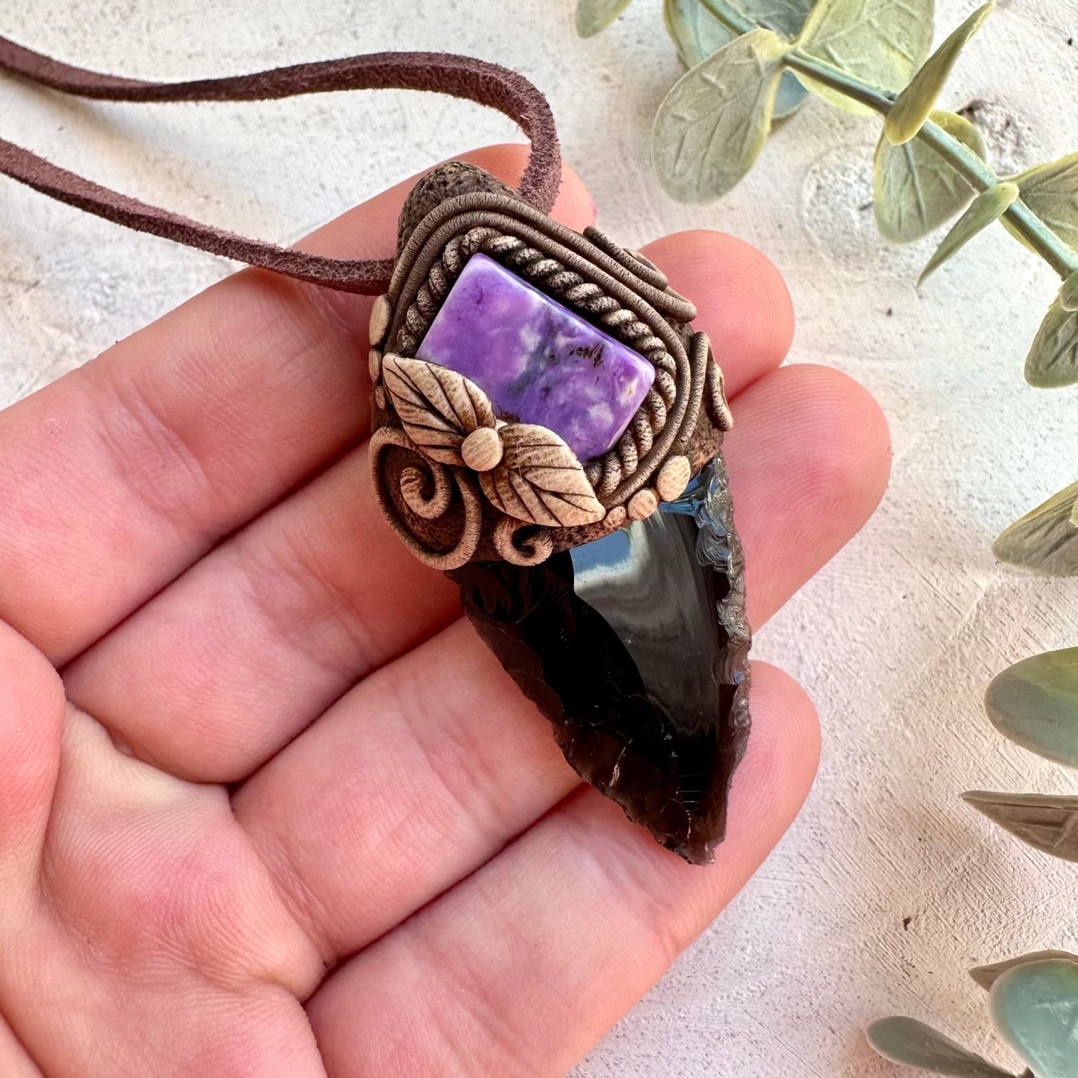 Black Obsidian Arrowhead and Charoite necklace handmade with natural gemstones
