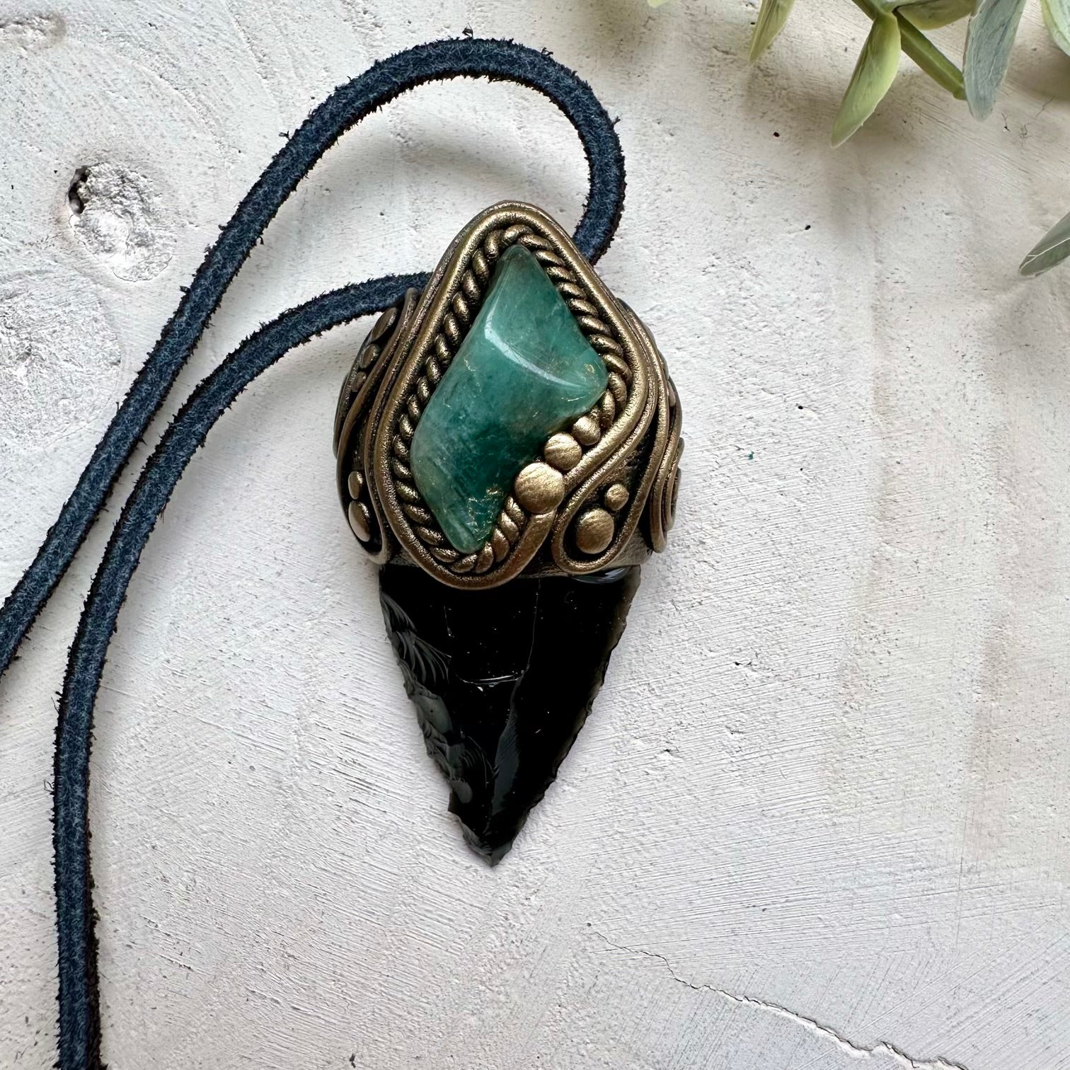 Black obsidian arrowhead and emerald pendant necklace handmade crystal jewelry