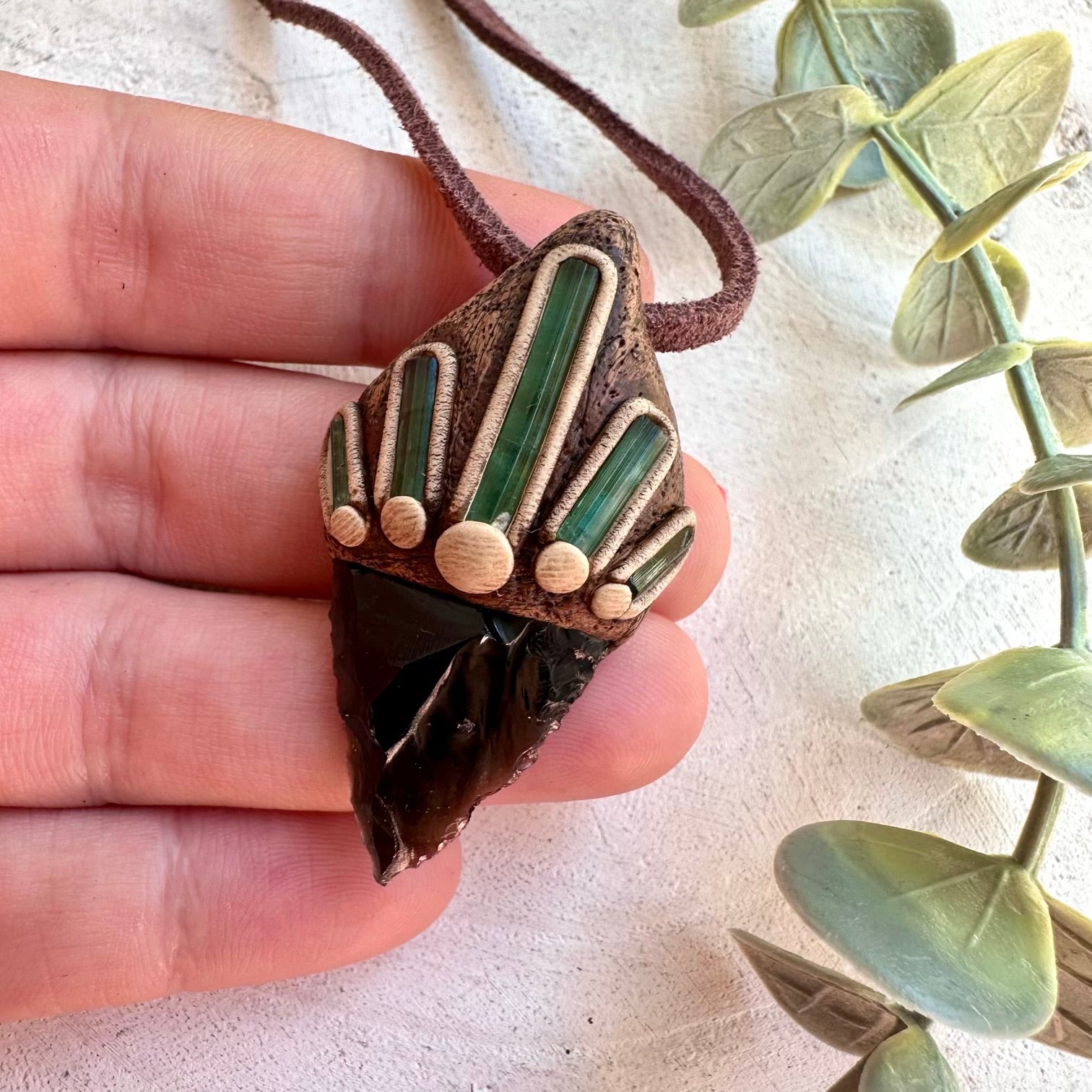 Black Obsidian Arrowhead and Green Tourmaline unisex pendant necklace handmade with natural gemstones