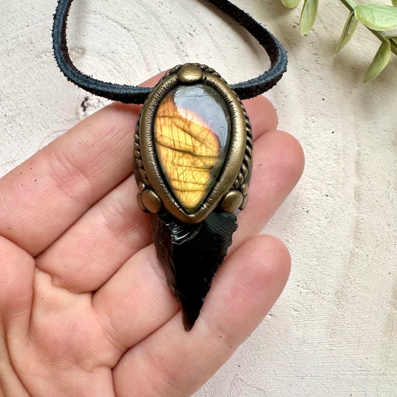 Black obsidian arrowhead and labradorite pendant necklace handmade crystal jewelry