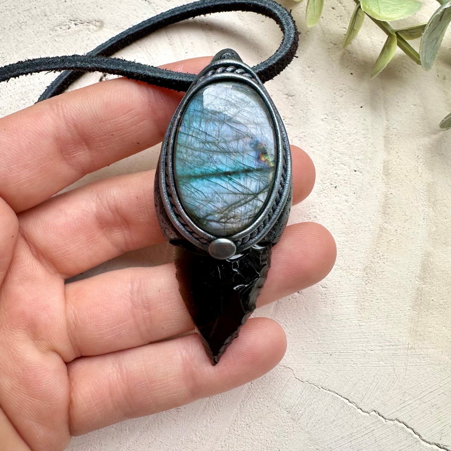 Black obsidian arrowhead and labradorite pendant necklace