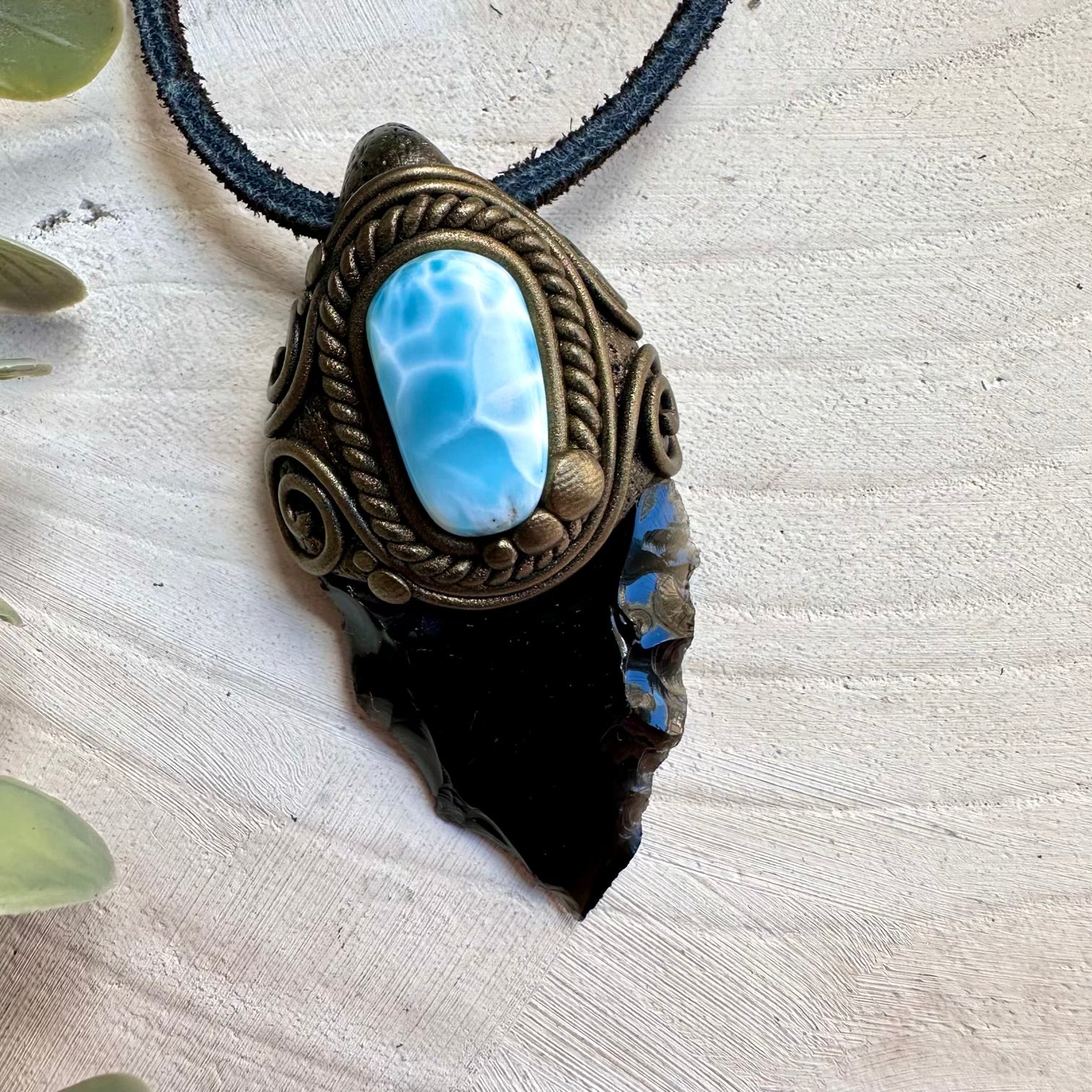 Black obsidian arrowhead and larimar necklace