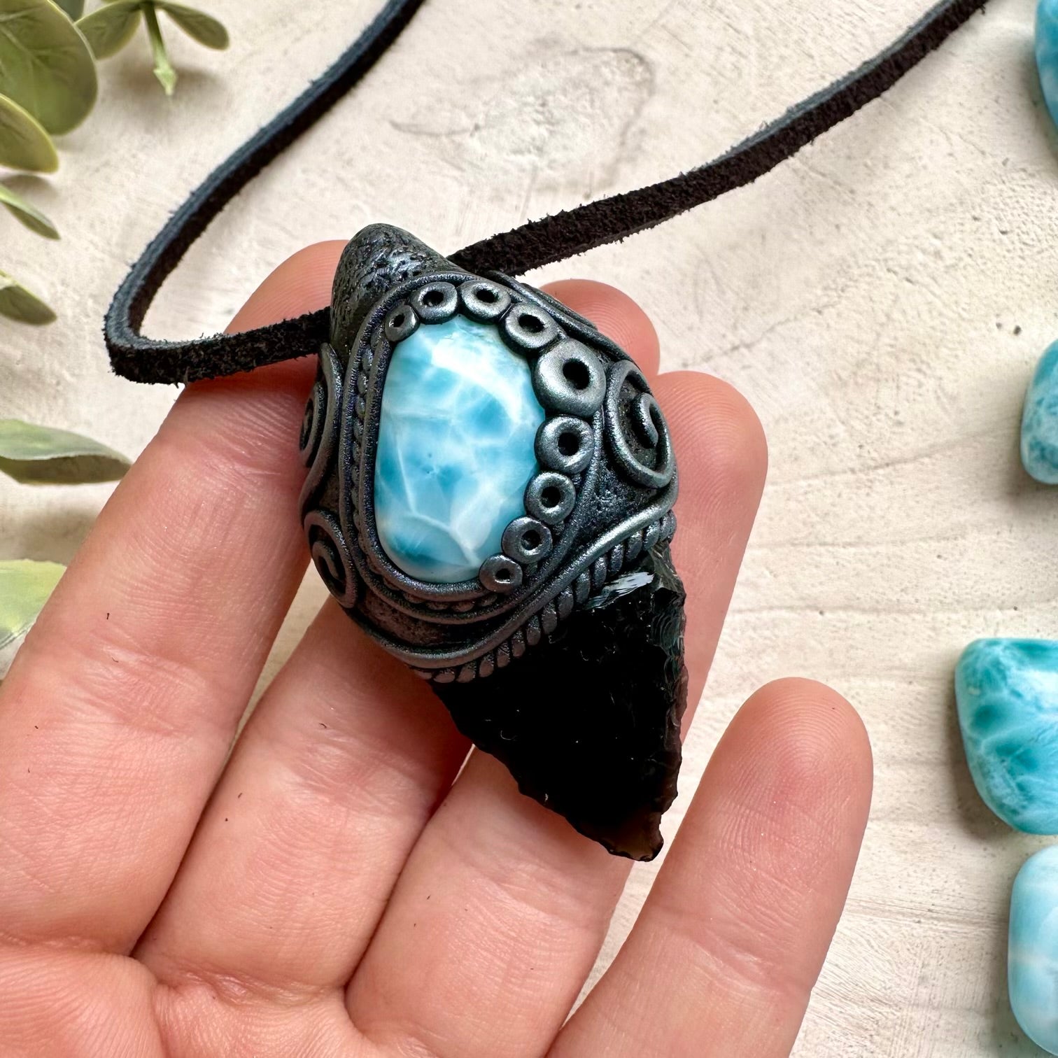 Black obsidian arrowhead and larimar necklace