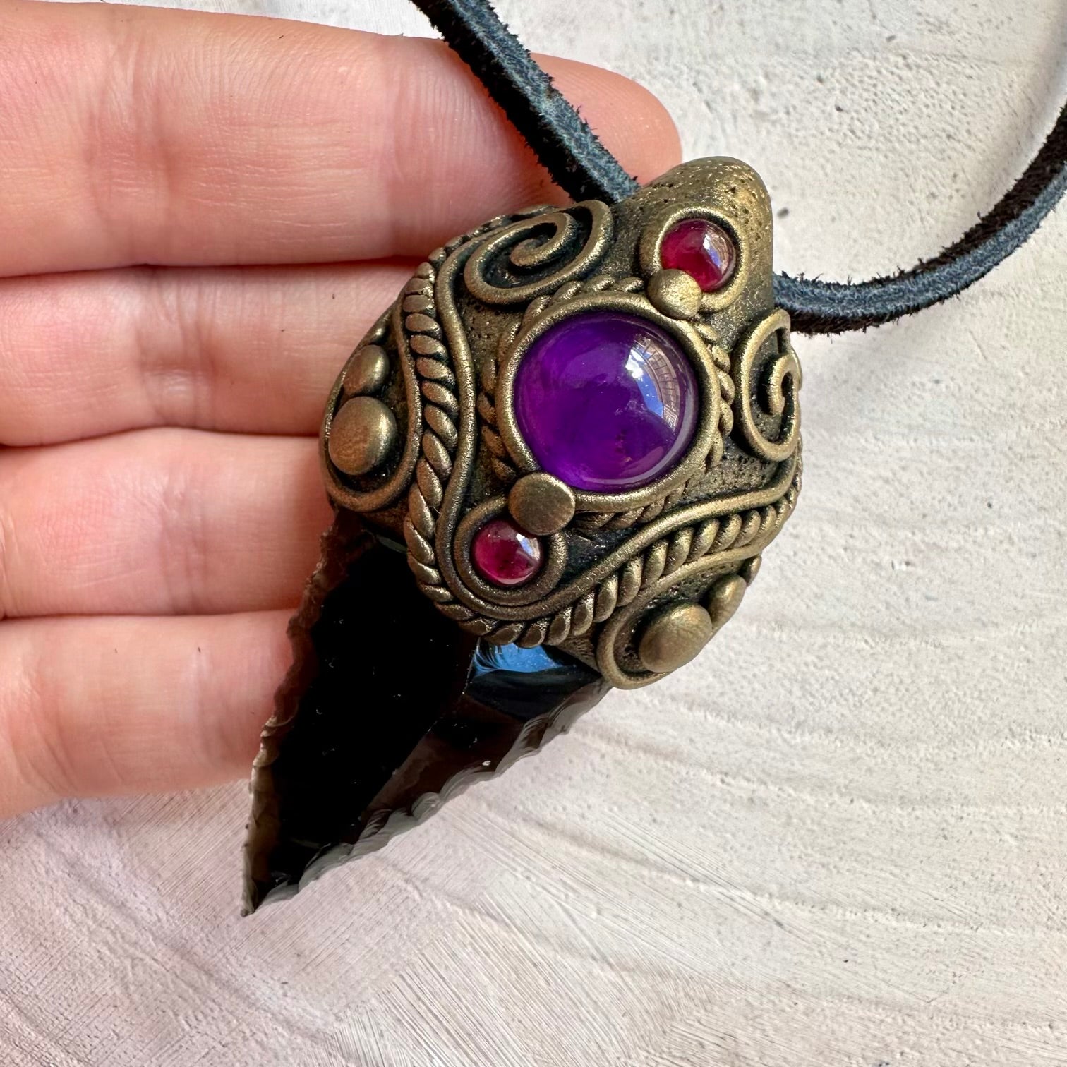Black obsidian arrowhead with amethyst and rhodolite garnet necklace