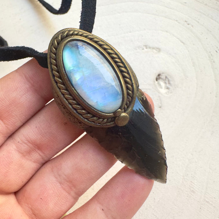 Black Obsidian arrowhead and Rainbow Moonstone pendant necklace handmade with natural gemstones
