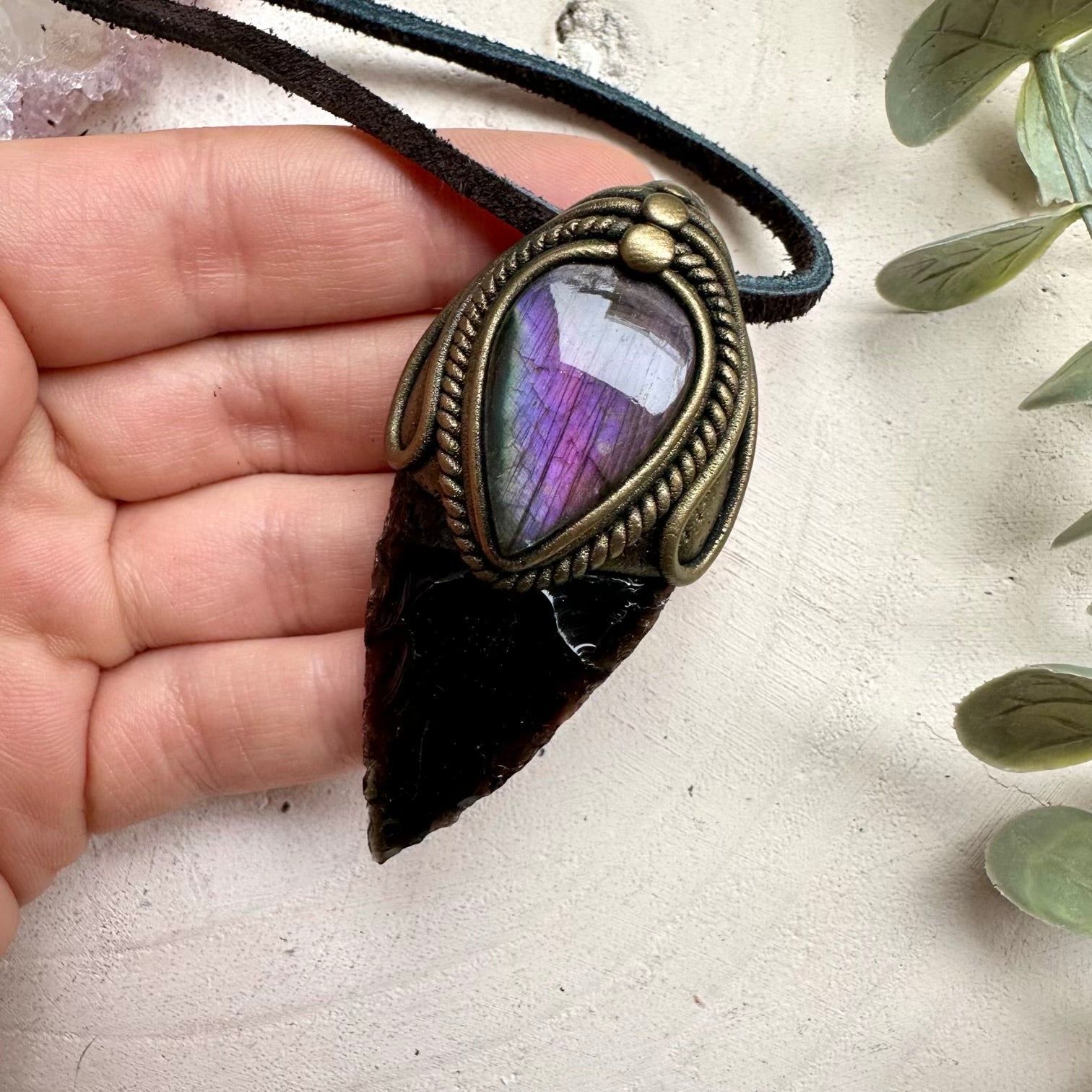 Black obsidian arrowhead and purple labradorite pendant necklace