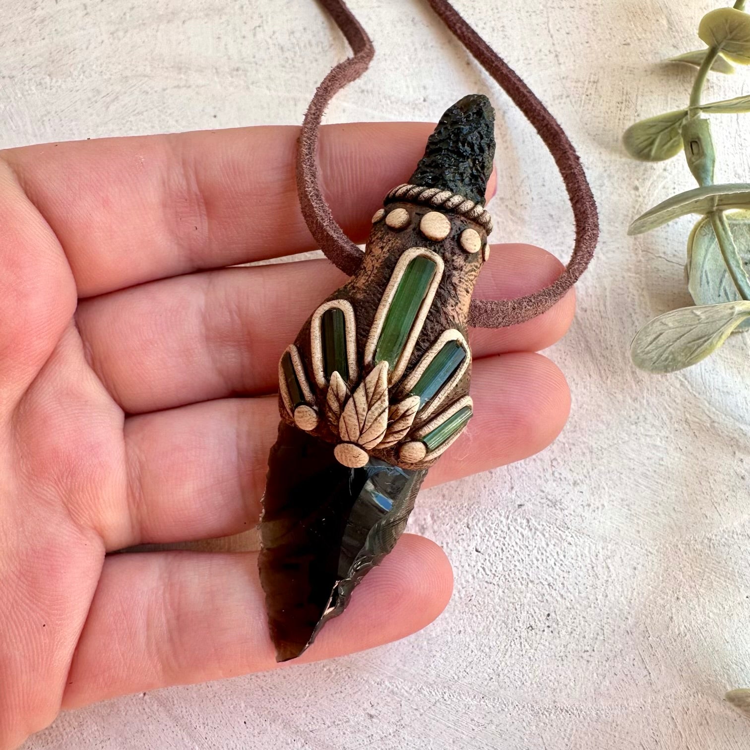 Black Obsidian arrowhead with Black Tektite and Green Tourmaline pendant necklace handmade with natural crystals
