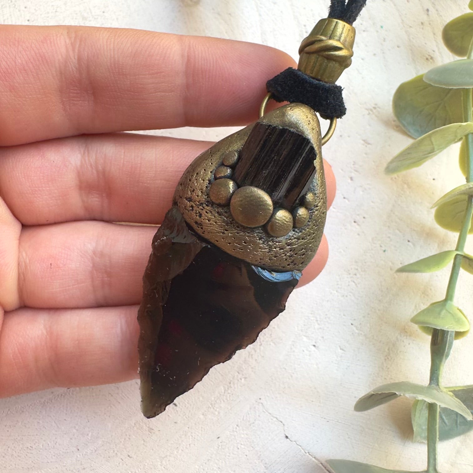 Black Obsidian arrowhead and Black Tourmaline pendant necklace handmade with natural crystals