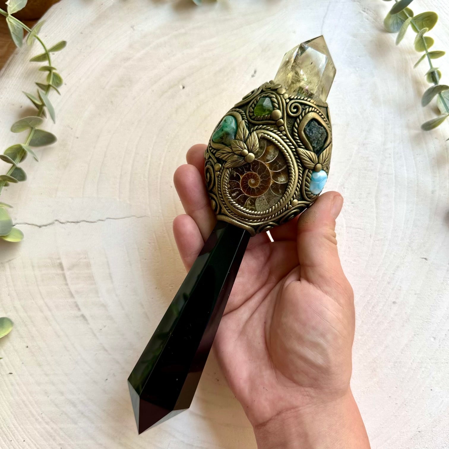 Handmade Black Obsidian crystal wand with Citrine, Ammonite, Emerald, Peridot, Moldavite and Larimar.