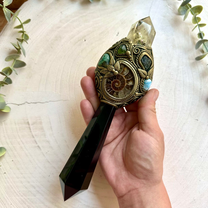 Handmade Black Obsidian crystal wand with Citrine, Ammonite, Emerald, Peridot, Moldavite and Larimar.