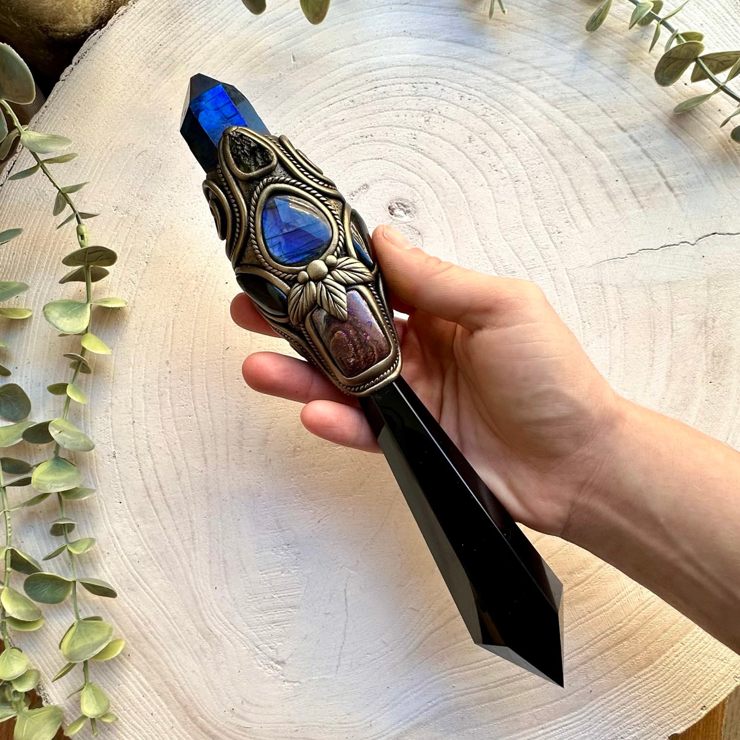 Handmade crystal wand featuring black obsidian labradorite and boulder opal