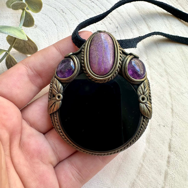 Scrying crystal pendant necklace featuring Obsidian, Stichtite and Amethyst