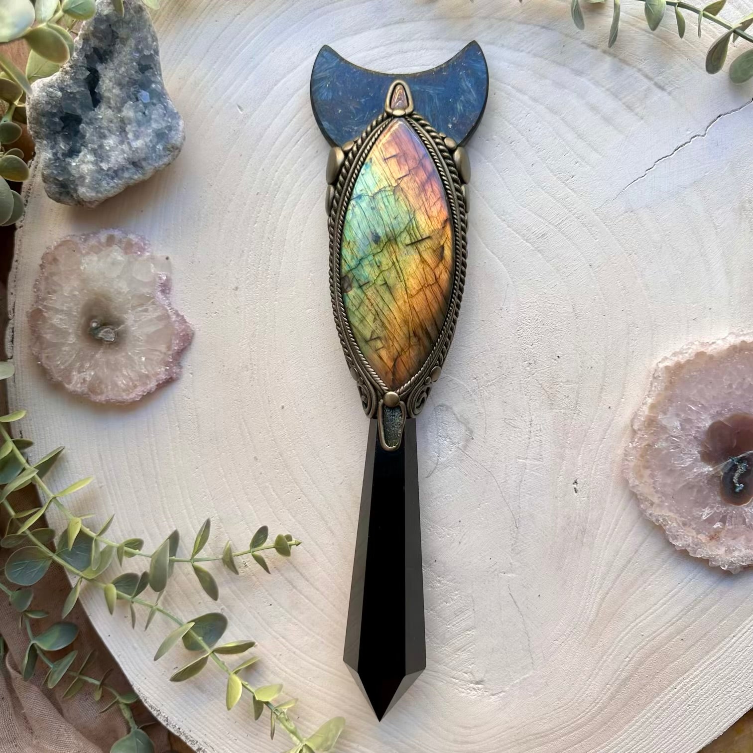 Handmade healing crystal wand with black obsidian point