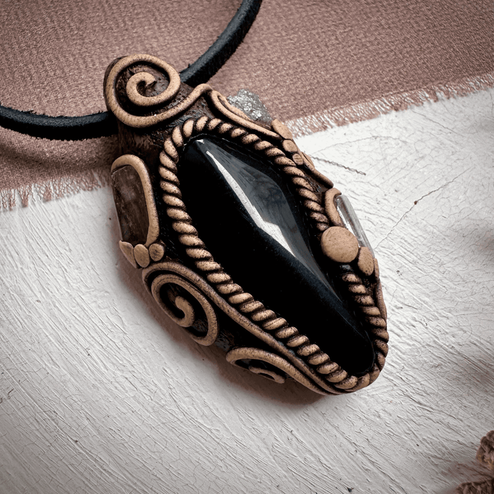 Black Obsidian with Green Tourmaline and Tsavorite Pendant Necklace - FairyGardenGlow
