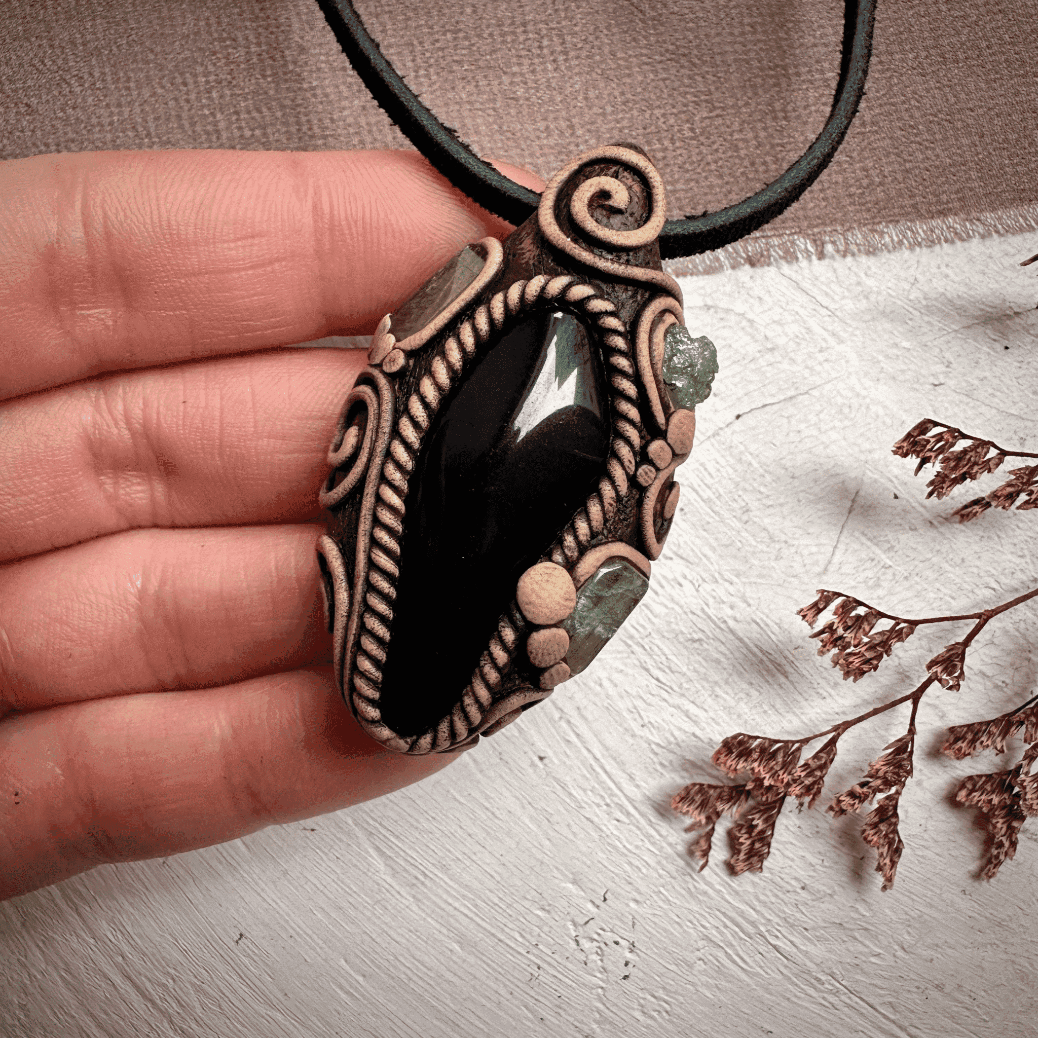 Black Obsidian with Green Tourmaline and Tsavorite Pendant Necklace - FairyGardenGlow