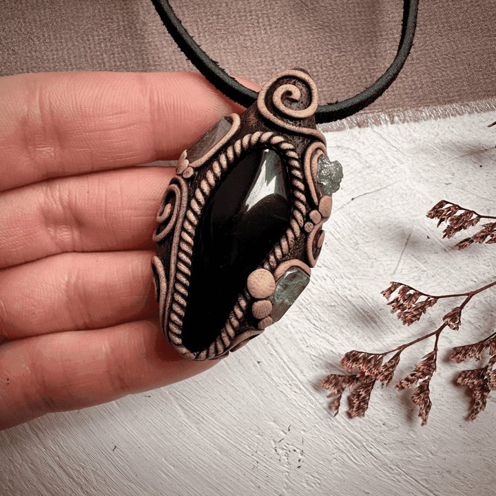 Black Obsidian with Green Tourmaline and Tsavorite Pendant Necklace - FairyGardenGlow