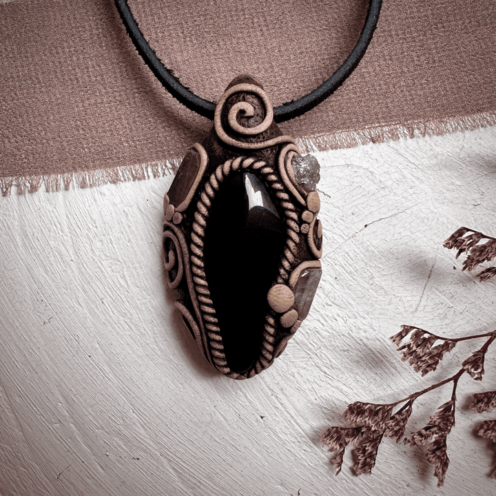 Black Obsidian with Green Tourmaline and Tsavorite Pendant Necklace - FairyGardenGlow