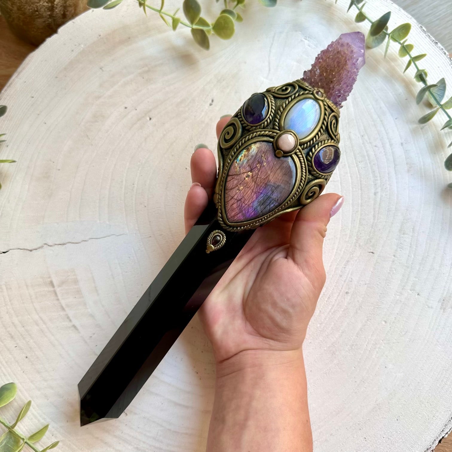 Witch crystal healing wand featuring Spirit Quartz, Amethyst and Morganite natural gemstones.
