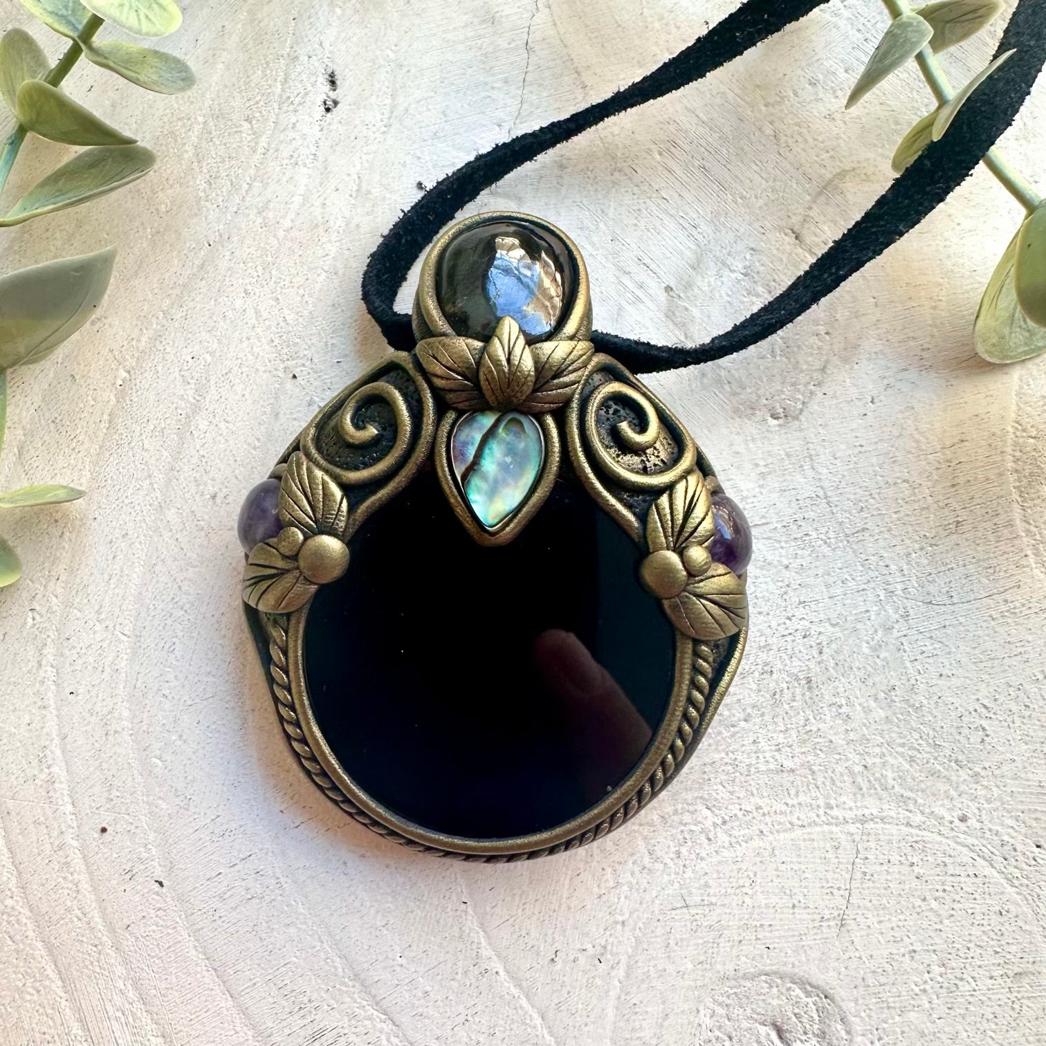 Black Obsidian Mirror pendant necklace handmade with Rhodolite Garnet, Abalone Seashell and Amethyst natural gemstones.