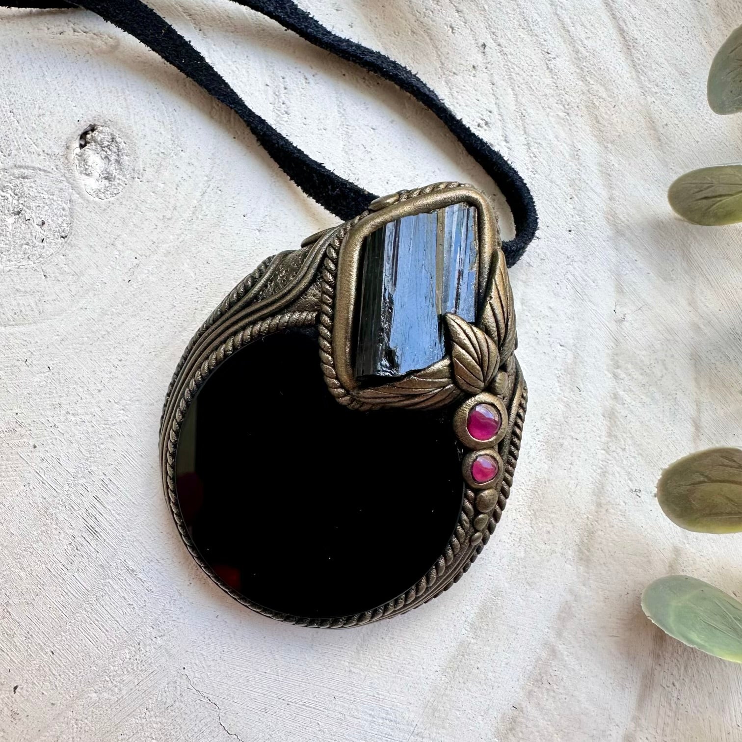Black Obsidian Mirror necklace with Black Tourmaline and Rhodolite Garnet