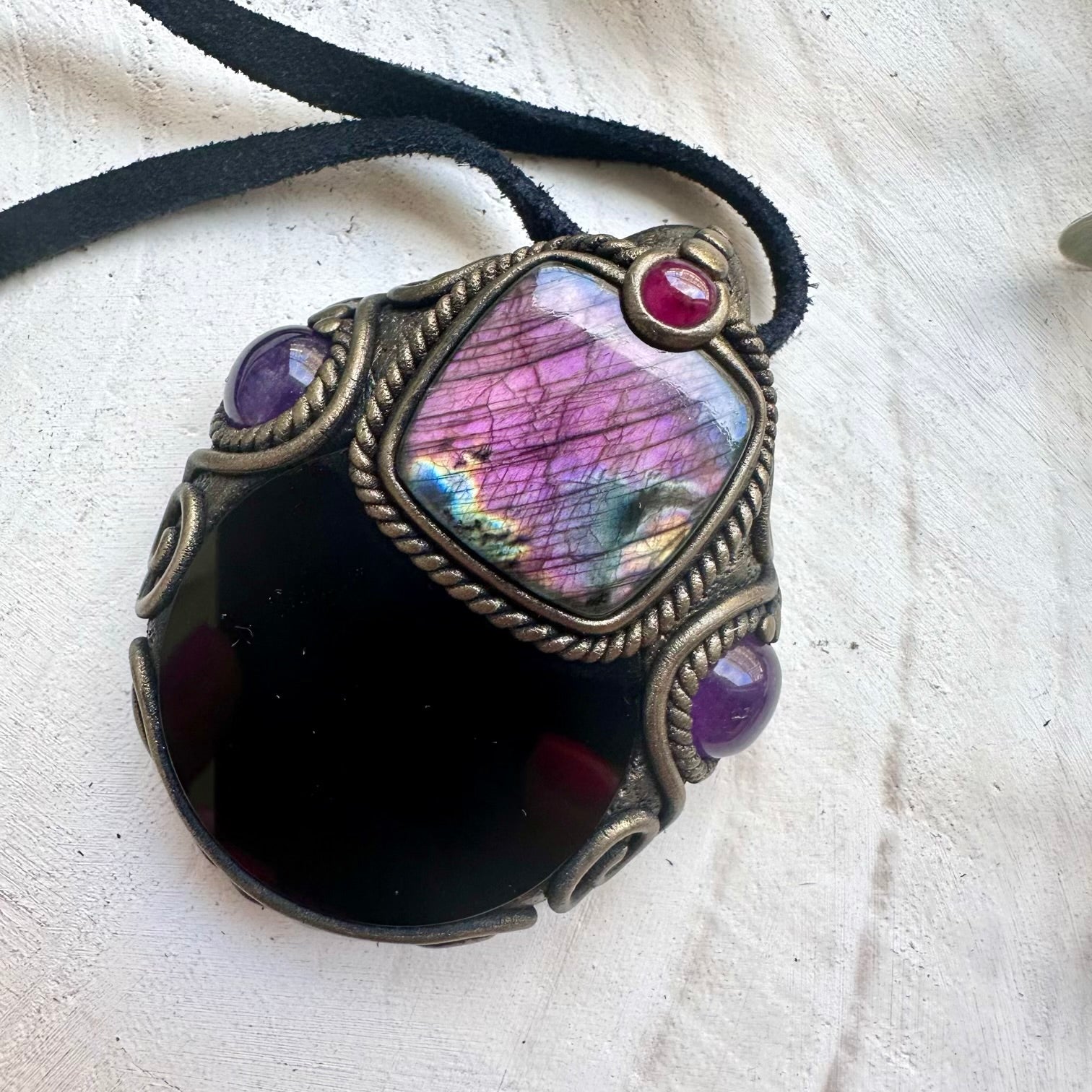 Black Obsidian Mirror necklace with Labradorite, Amethyst and Rhodolite Garnet