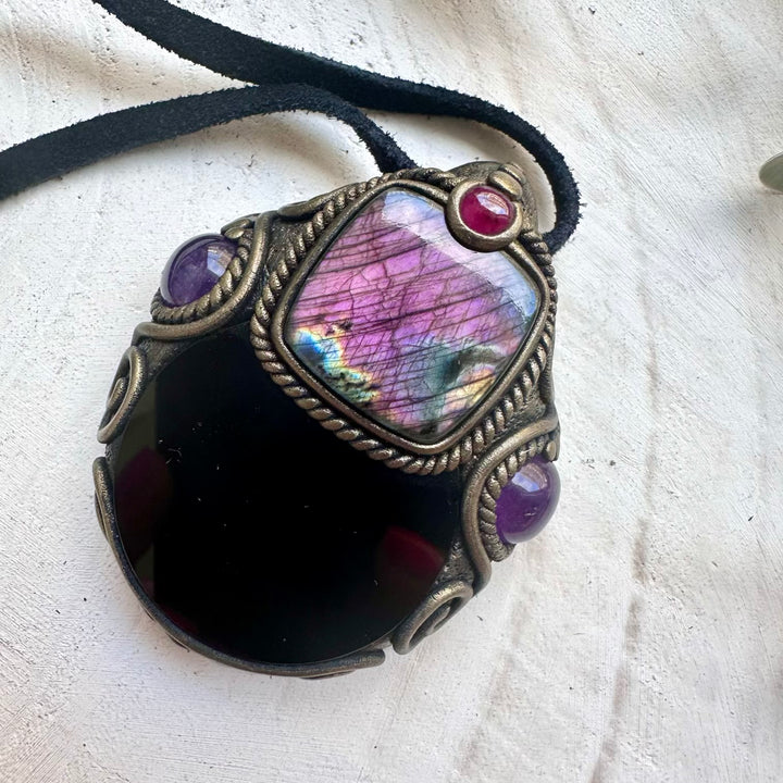 Black Obsidian Mirror necklace with Labradorite, Amethyst and Rhodolite Garnet