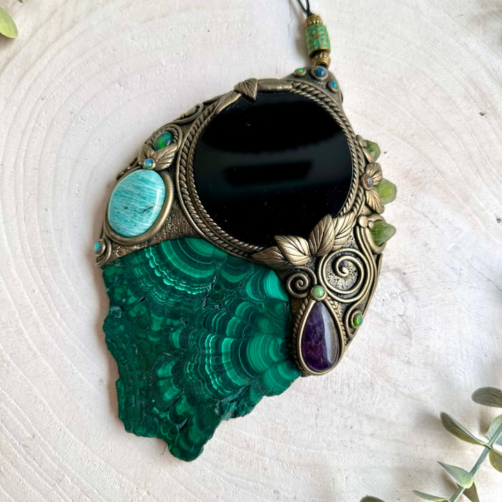 Natural Malachite and Black Obsidian mirror home decor, traditionally associated with transformation, grounding and protection.