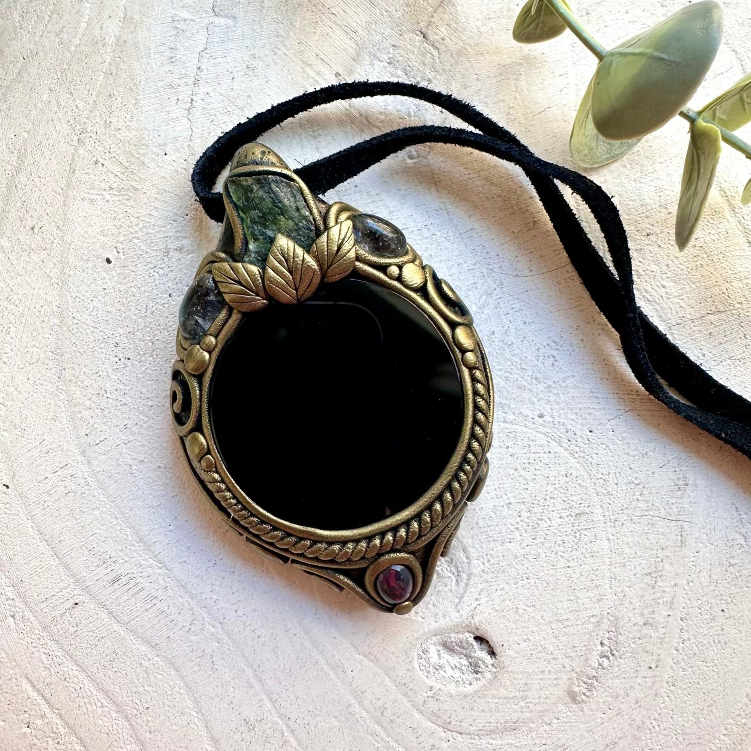 Handmade Black Obsidian Mirror pendant necklace with Moldavite, Clear Topaz and Black Ethiopian Opal.